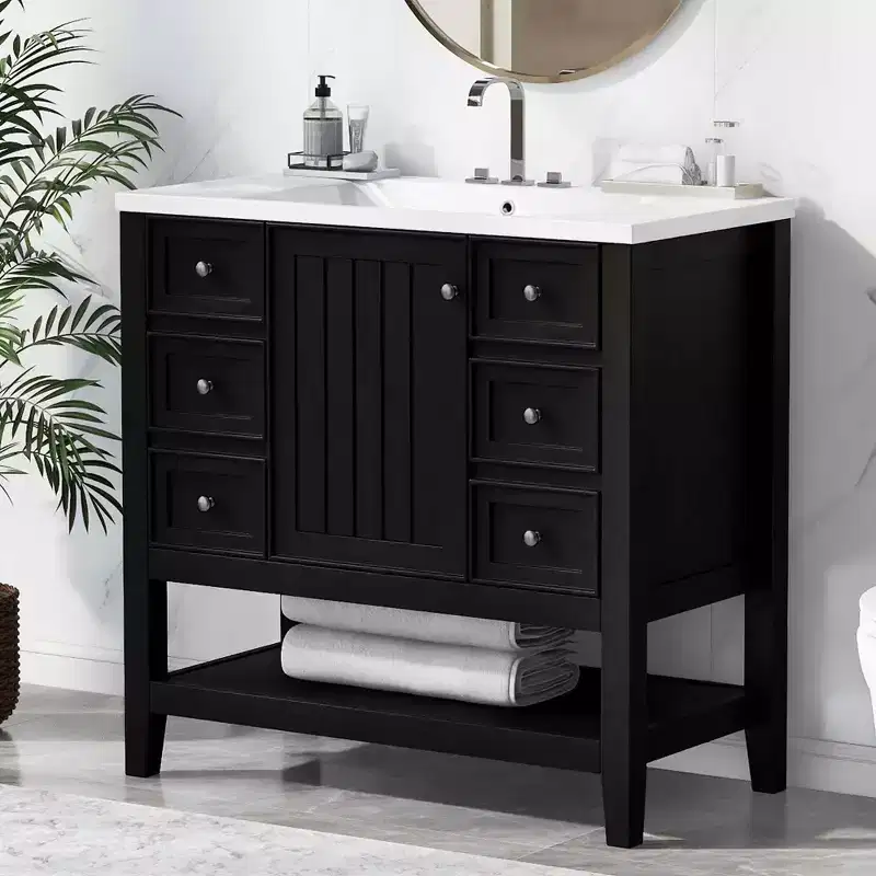 MAYEERTY 36 Bathroom Vanity with Sink 1 Cabinet 3 Drawers Solid Wood MDF Black