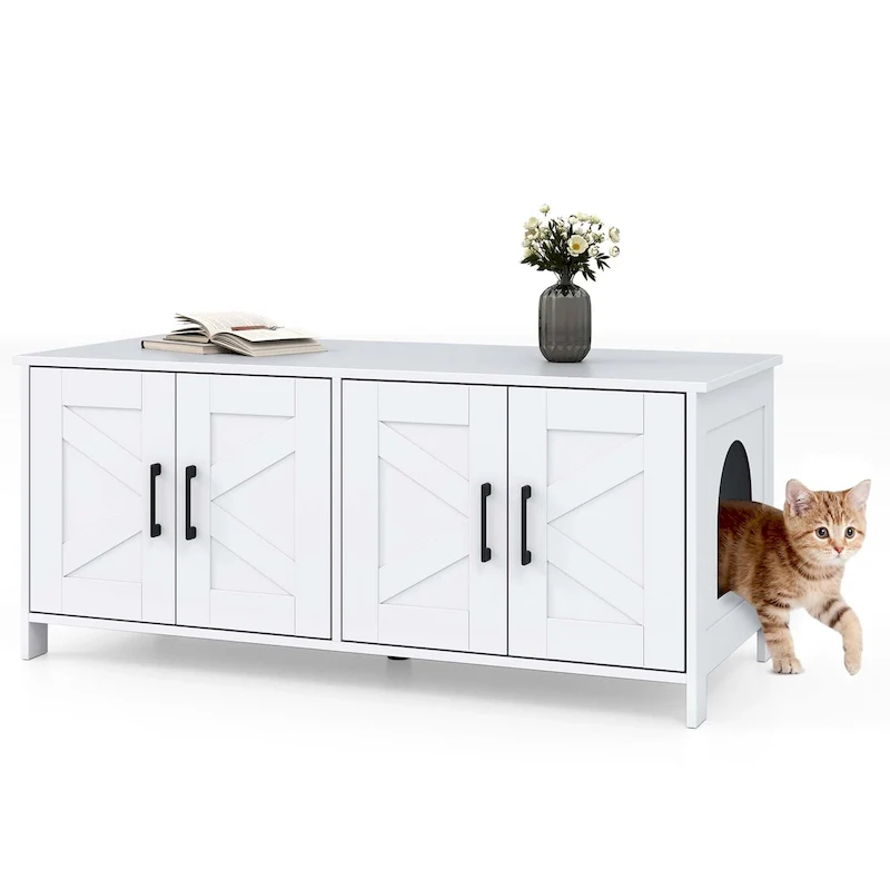 Cat Litter Box Enclosure with Double Rooms – Wooden Cabinet