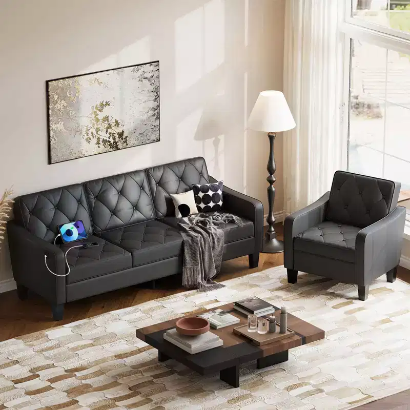 TYBOATLE Modern Living Room Sofa with USB Charging Port, Mid-Century Upholstered Couch with Ergonomic 105 Recline and Supportive Pocket Coils