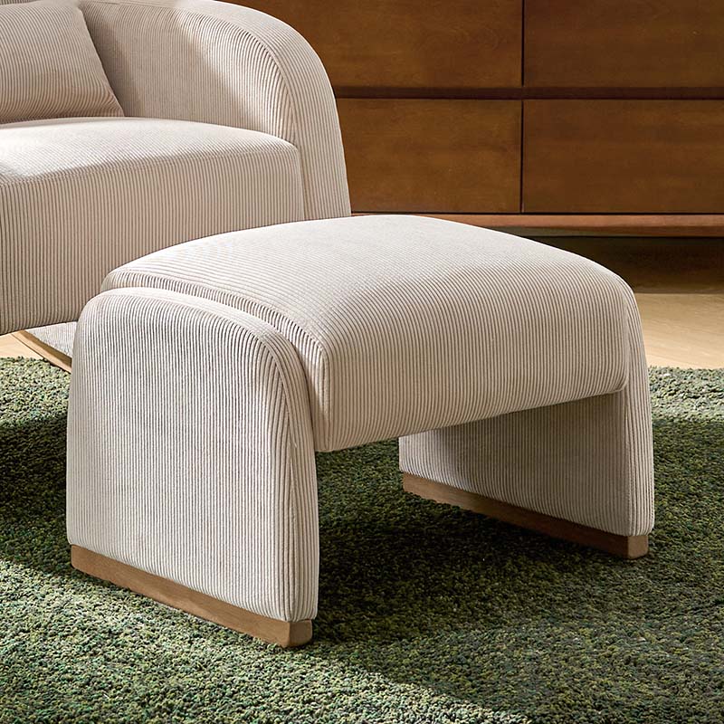 Rounded Corduroy Ottoman with Rubberwood Legs | Beige / Grey / White | Single