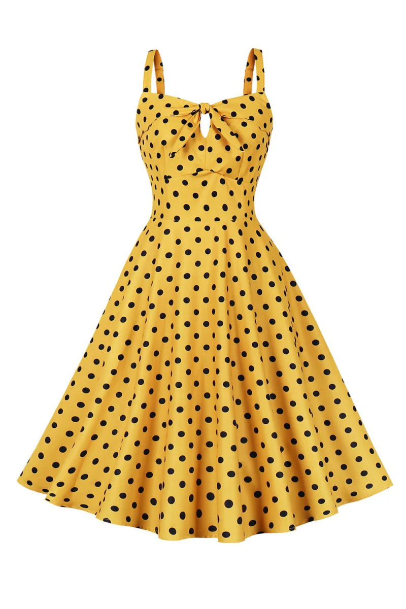 Spaghetti Straps Polka Dots Yellow 1950s Dress