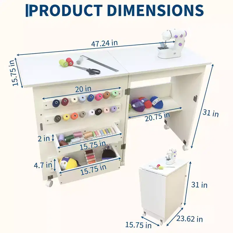 Folding Sewing Machine Table with Wheels & Storage Shelves, Portable Craft Station Space-Saving Desk