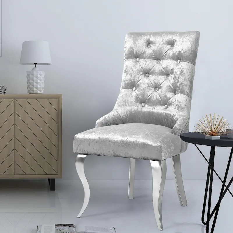 Silver Tufted Wingback Velvet Dining Chair, Lion Knocker, Single