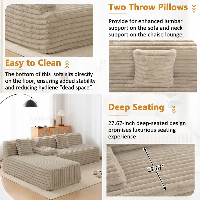 Cloud Sectional Sofa, Modern Upholstered Couch with 2 Throw Pillows, Free-Combined Sofa, Modular Sectional L Shaped Couch