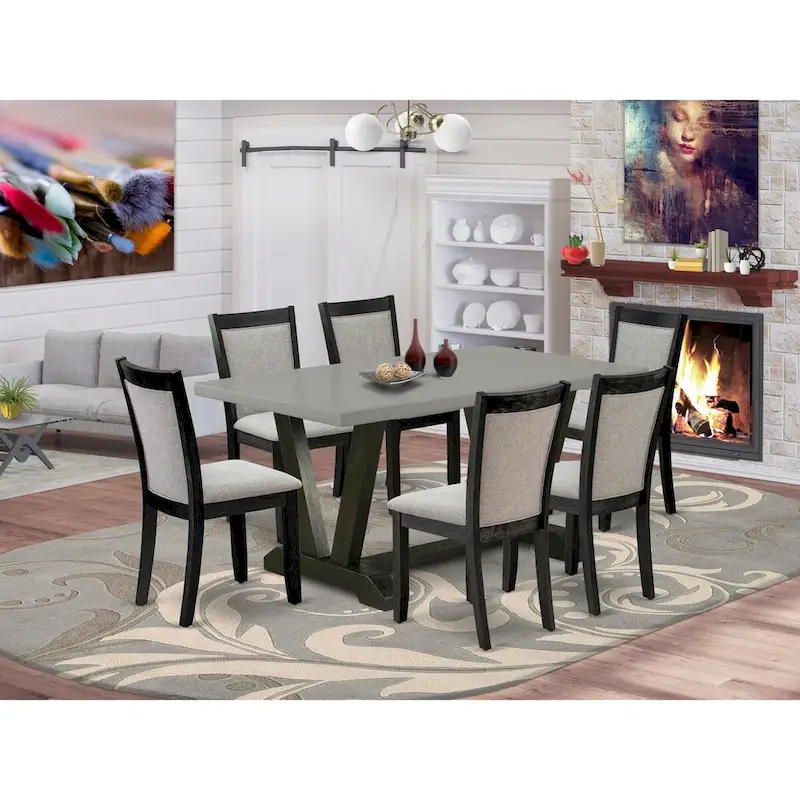 East West Furniture 7 Piece Dinette Set- a Dining Table and 6 Linen Fabric Parson Chairs, Black(Fabric Color Options)