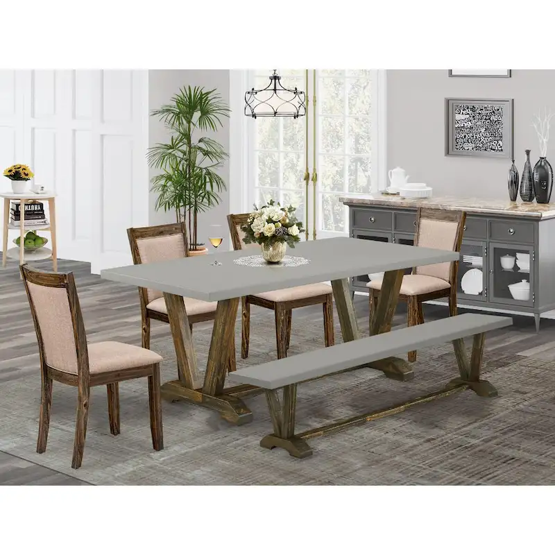 East West Furniture Dining Table Set- a Kitchen Table and Dark Khaki Linen Fabric Chairs, Distressed Jacobean(Pieces Options)