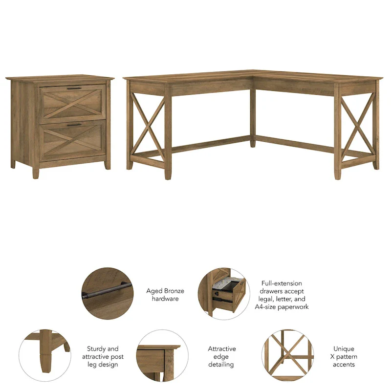 60W L Desk with 2 Drawer File Cabinet