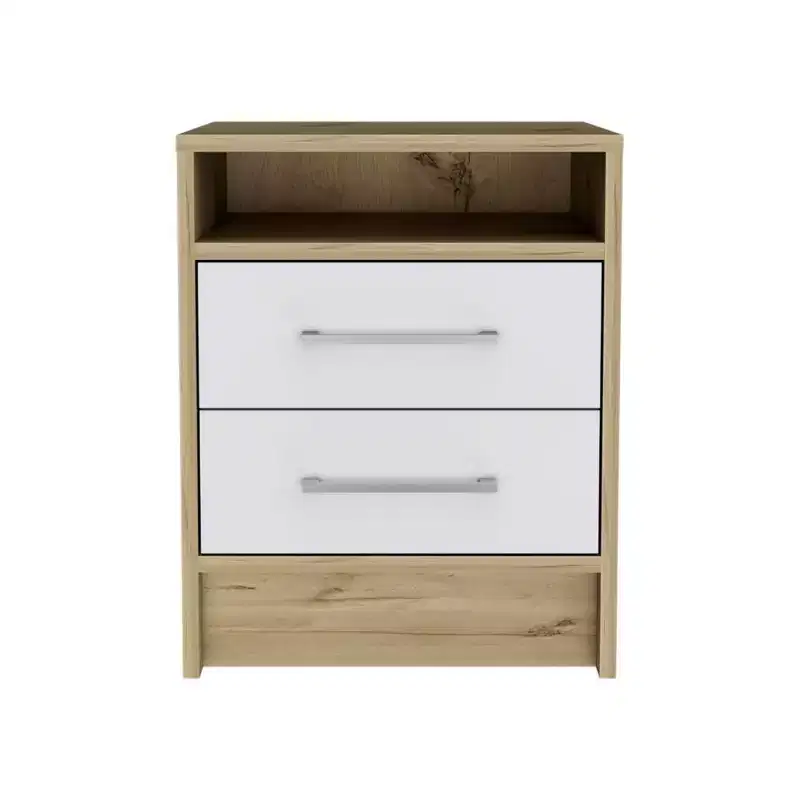 This Eter Nightstand , End Table, Side Table Superior Top, Two Drawers -White / Light Oak combines contemporary style with smart storage.