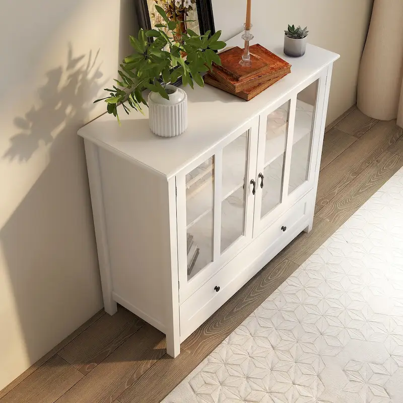 White Retro Sideboard Cabinet with Glass Doors & Bell Handle, For 1