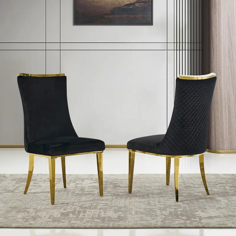 Velvet Dining Room Chairs with Reticulate Texture Back and Metal Trim Top