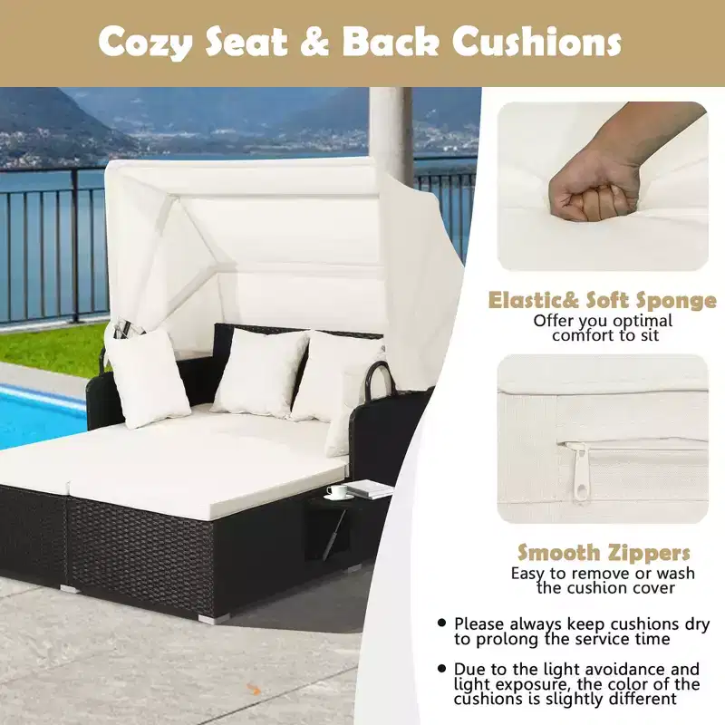 Costway Patio Rattan Daybed Lounge Retractable Top Canopy Side Tables Cushions Off White/Red/Turquoise/Beige