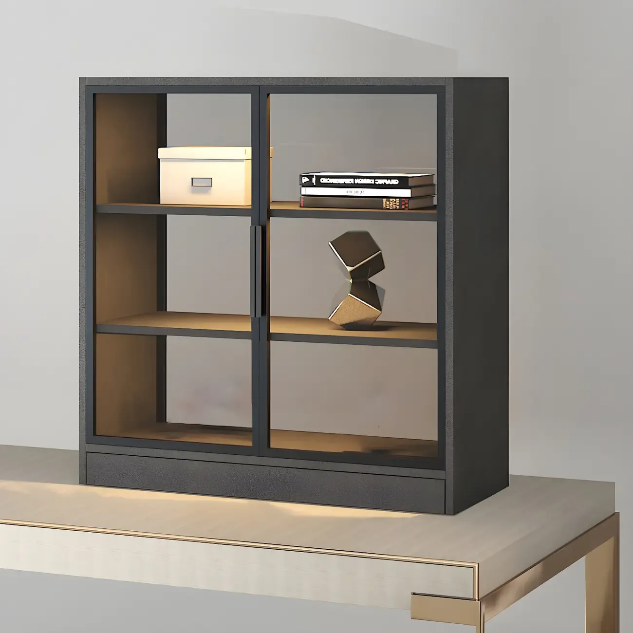 Square 2-Shelf Black Wooden Display Cabinet with Light
