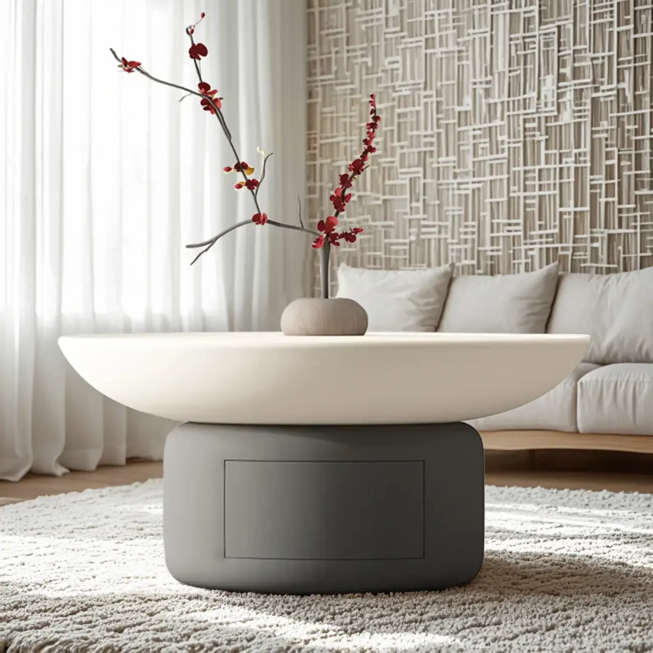 Gray White Round Minimal Wood Coffee Table with Drawer
