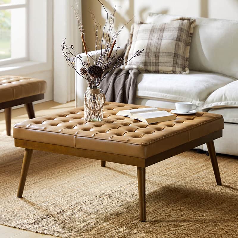 Genuine Leather Ottoman with Foam Fill & Flared Solid Wood Legs | Navy / Camel / Black | Single