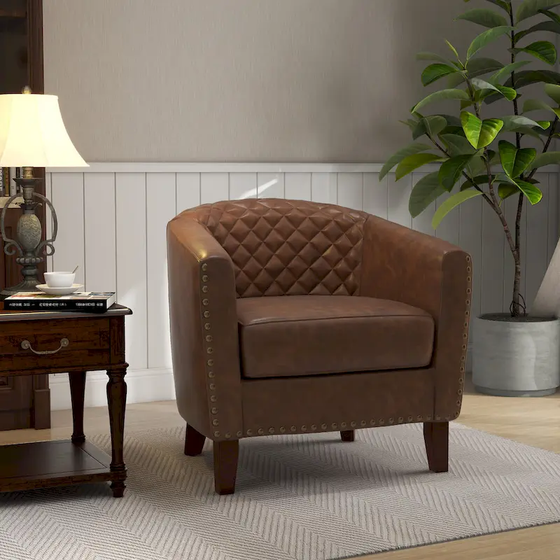Ethan Accent Chair Barrel PU Leather with Nailhead Trim