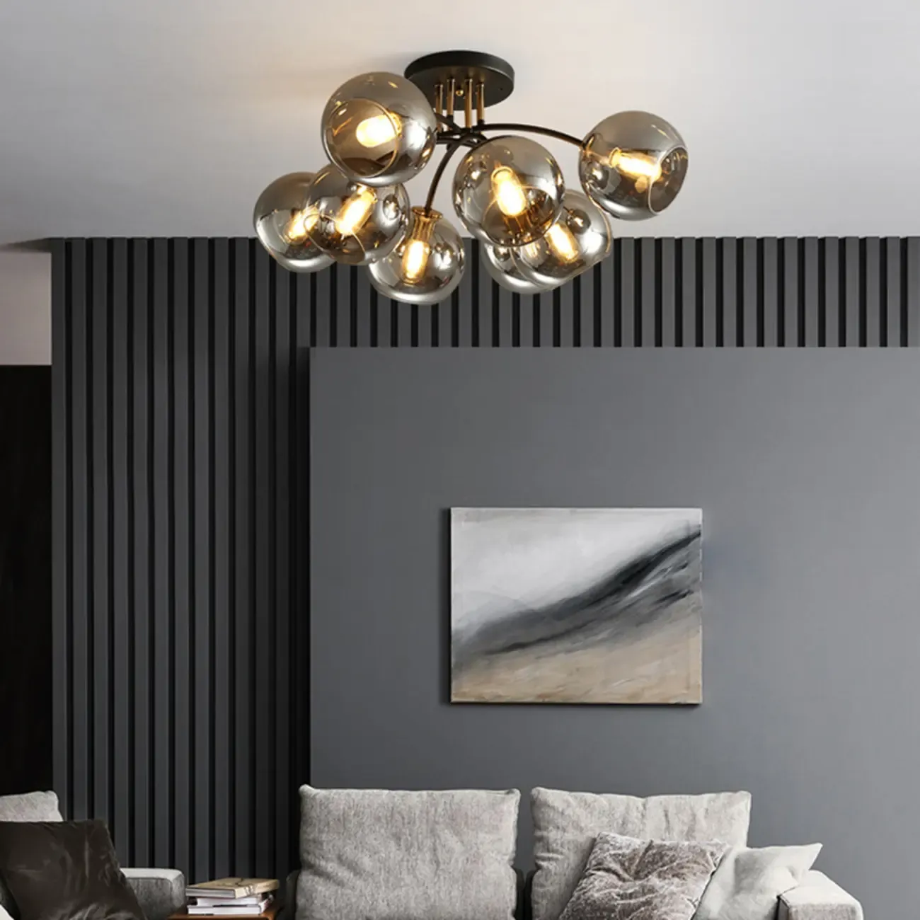 Modern Smoke Grey Glass Sphere Semi Flush Ceiling Light