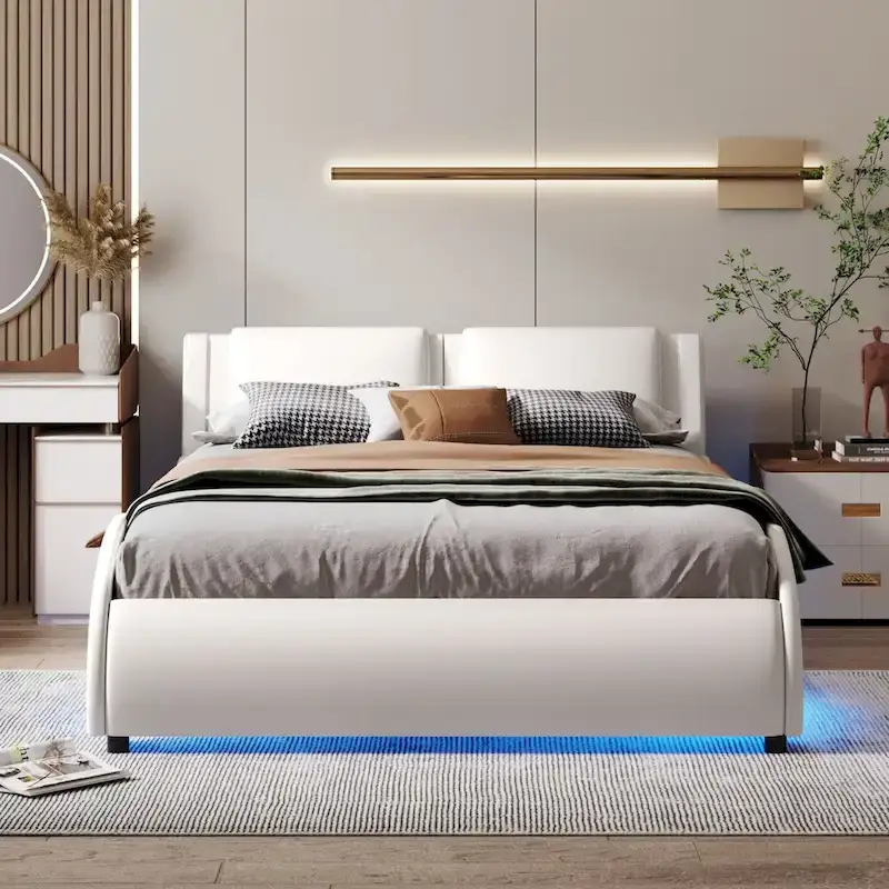 White / Black Faux Leather Full Size Platform Bed with RGB LED Headboard – 2-Seater