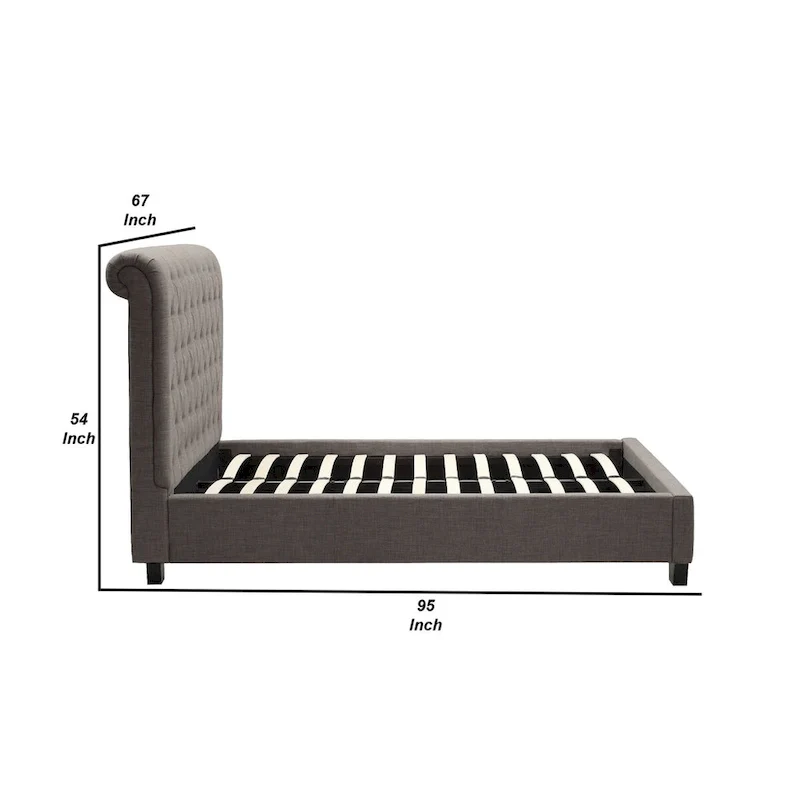 Low Profile Queen Bed, Button Tufted Upholstered Rolled Back, Gray