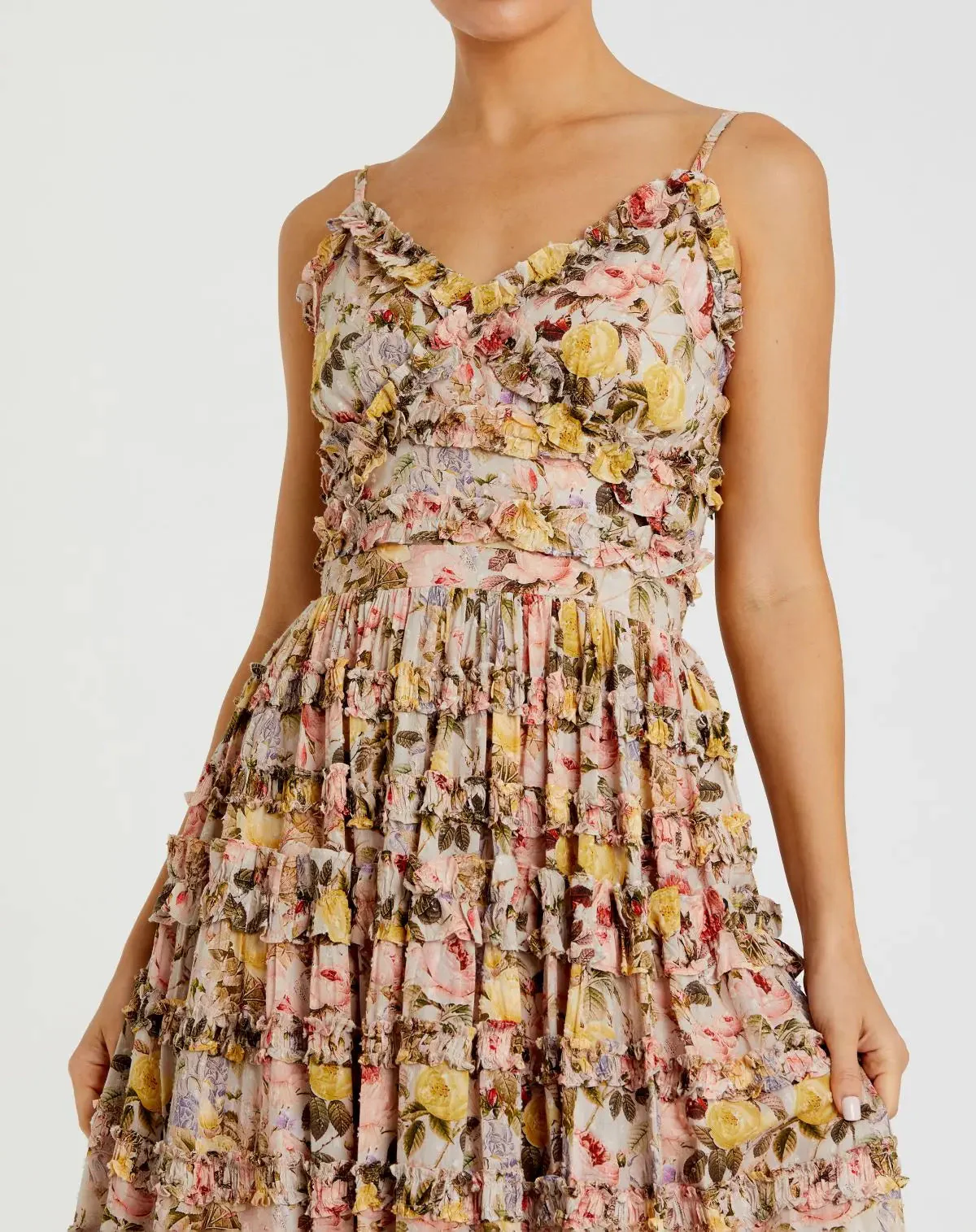 Beige Floral Print Ruffle Tiered Midi Dress
