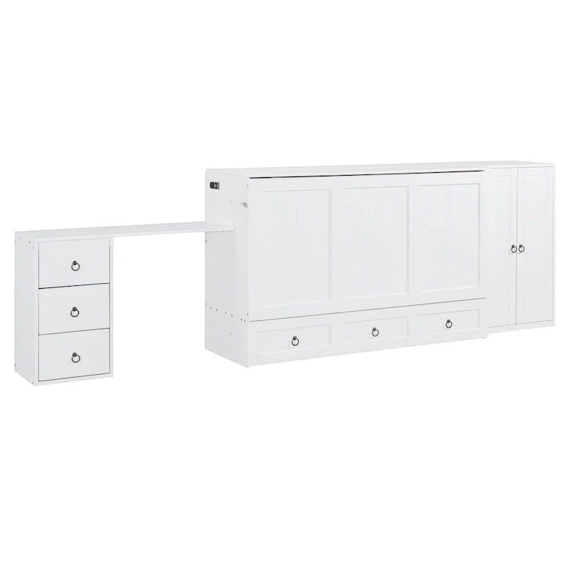 White Queen Murphy Bed with Wardrobe, Desk, 3 Drawers & USB Charging Port