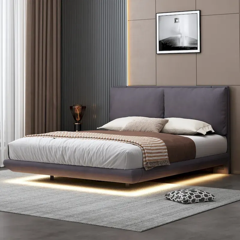 Queen Velvet Floating Platform Bed with Sensor Light