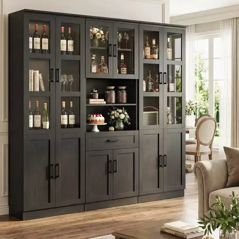 Set of 3 Kicthen Pantry Cabinet with Glass Door, Storage Display Bookcase with Drawer