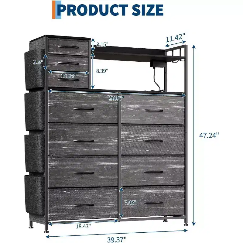 Acekool 8+3 Drawer Dresser with Fabric Drawers, Shelves, Pockets & Hooks, Closet Storage Organizer