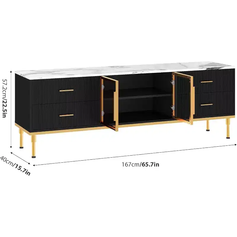 65 Inch TV Stand with LED Lights, Modern Entertainment Center for TVs Up to 75 Inch, Glass Doors, Wave Pattern, 4 Drawers, for Living Room