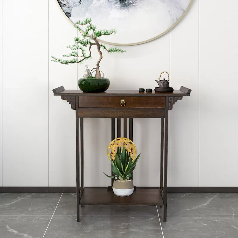 Brown Wood-Top Bamboo Console Table with Drawer – Classic Style, 1-Person Assembly