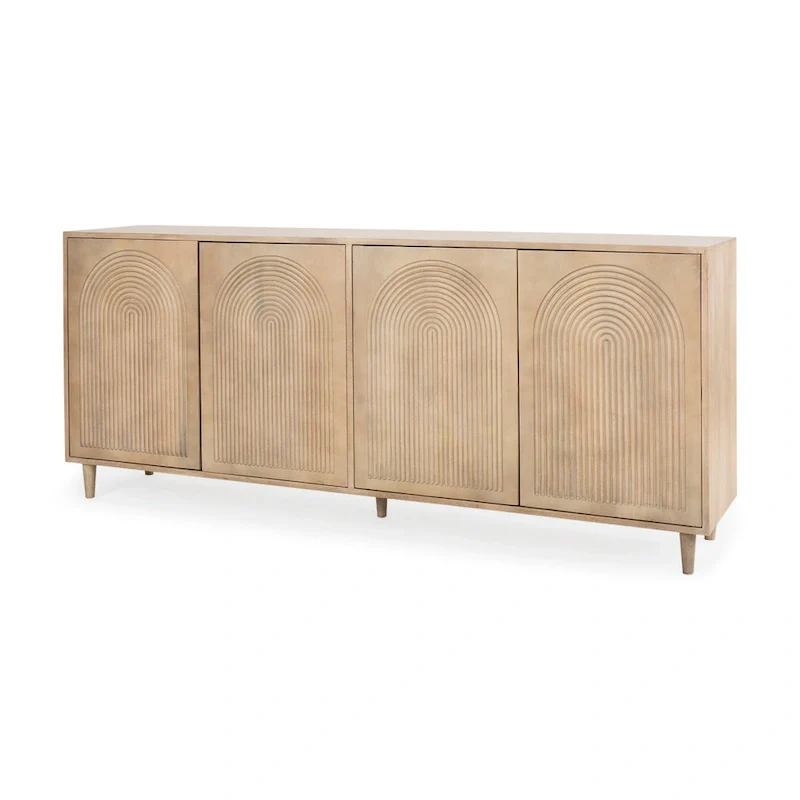 Light Brown Solid Wood Sideboard with Engraved Arched Doors – 72L x 15W x 30H, Gray Wash