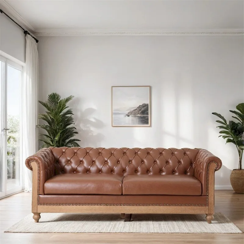 Retro 3 Seat PU Sofa with Wooden Frame and Legs
