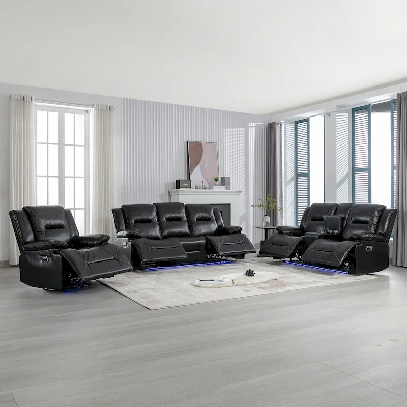 Home Theater Manual Recliner Chair with LED Light Strip Two Built-in Cup Holders for Living Room, Bedroom, Black