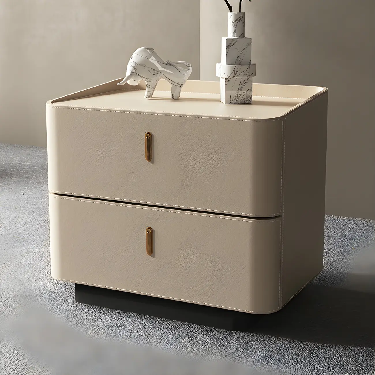 Modern Black Faux Leather Top Wood 2-Drawer Nightstand