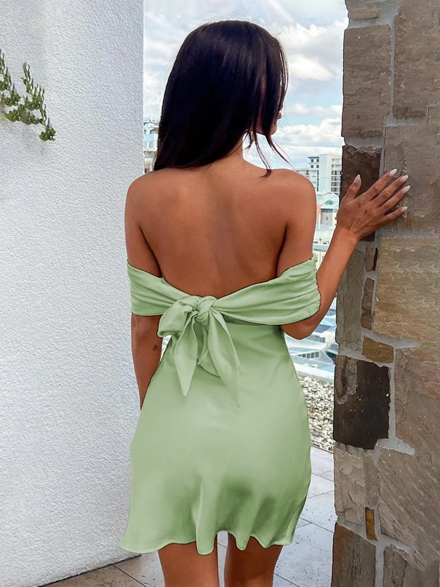 Sage Green - Off The Shoulder Satin Sheath Homecoming Dress