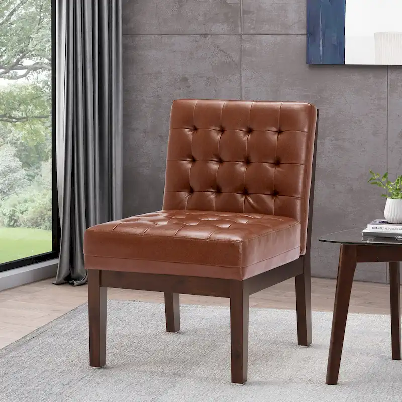 Dark Brown / Midnight / Cognac Faux Leather Waffle-Tufted Accent Chair with Dark Espresso Legs - Single Use