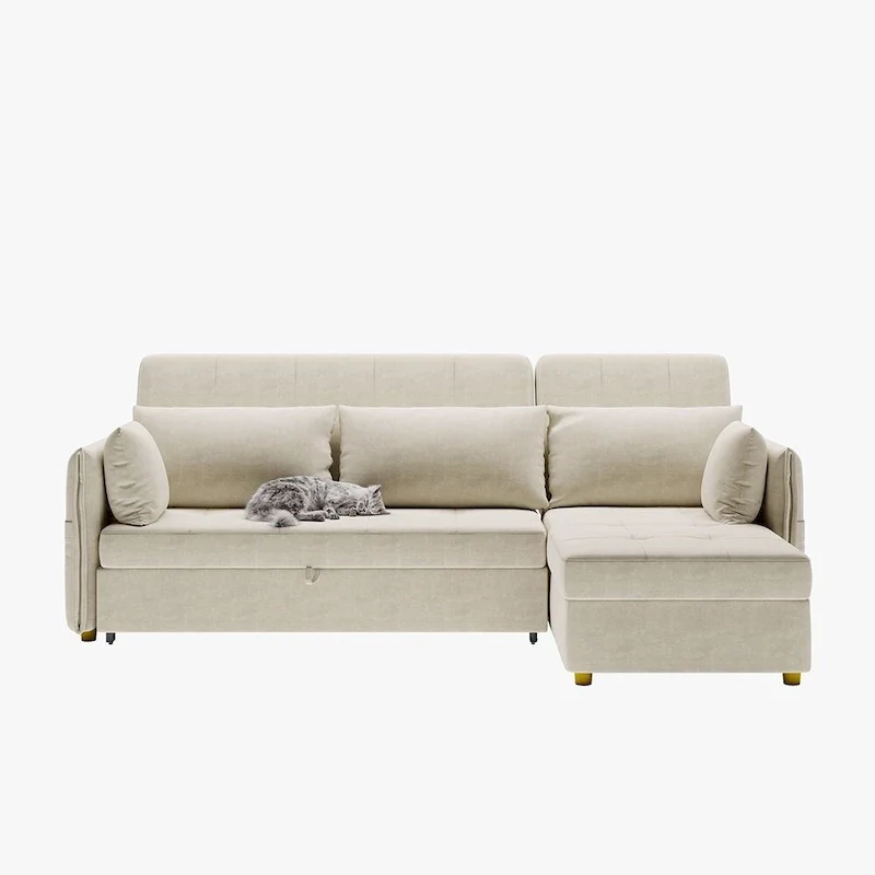 L-Shape Sofa Bed with Scratch-Resistant Fabric and Solid Wood Frame