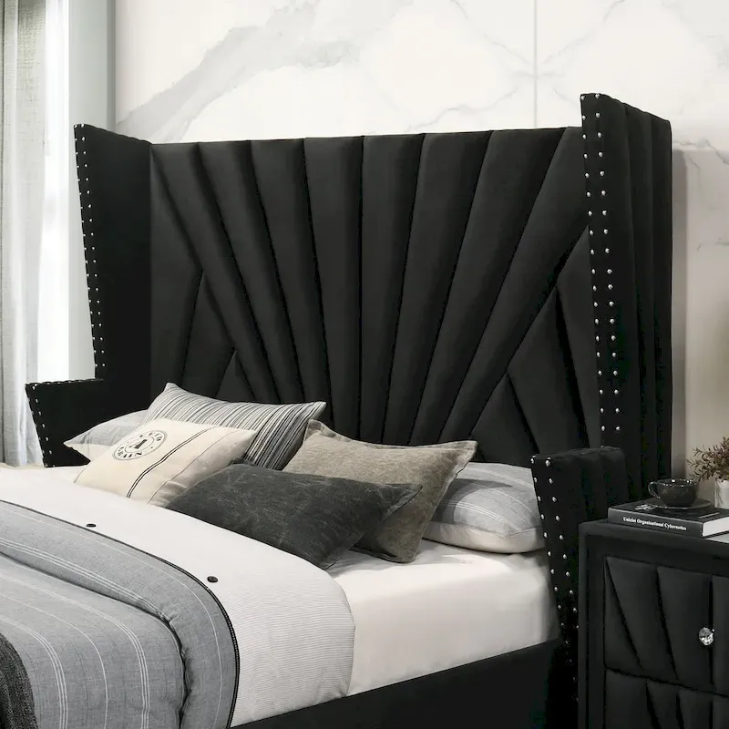 Ambrosia Glam Black Fabric Upholstered Nailhead 5-Piece Panel Bedroom Set by Furniture of America