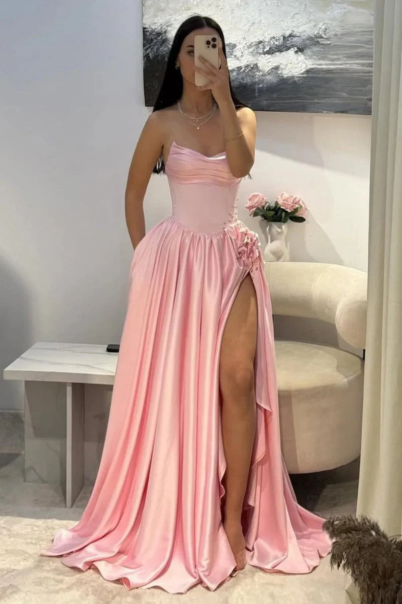 Pink Strapless Satin Beaded A Line Prom Dresses With Slit