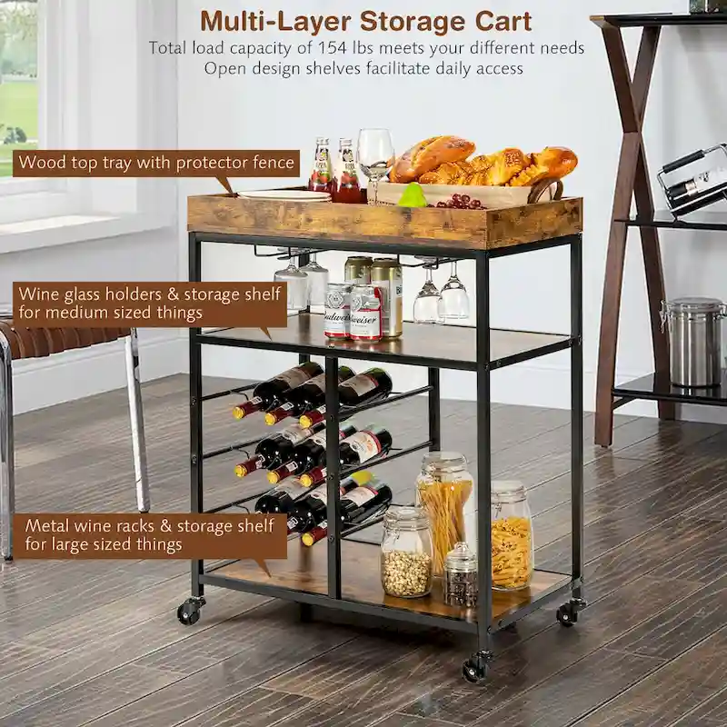 Gymax 3-Tier Rolling Kitchen Serving Cart Utility Trolley w/ Wine - See Details