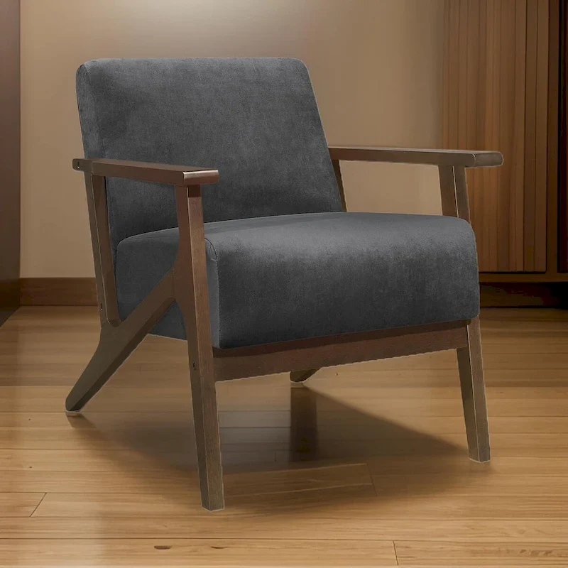32 Inch Accent Armchair, Dark Gray Velvet, Walnut Brown Solid Wood
