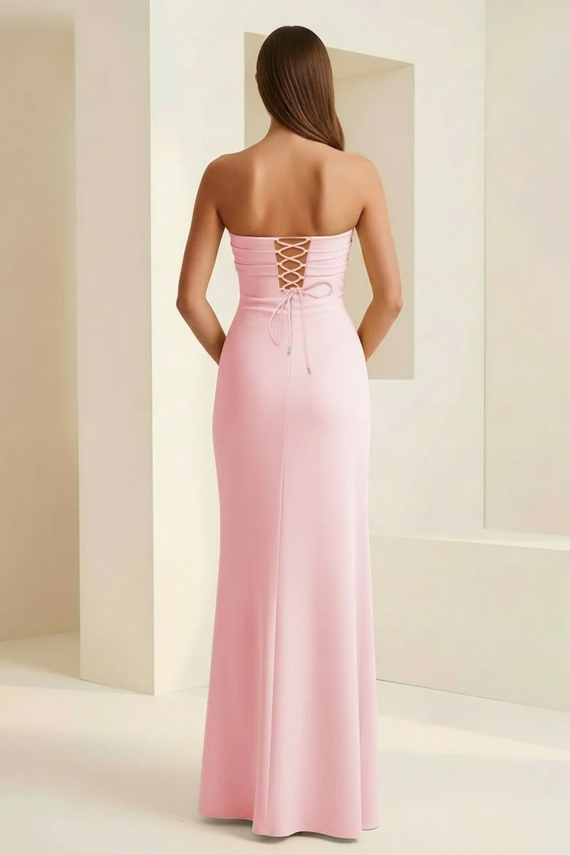 Pink - Mermaid Strapless Satin Pleated Long Prom Dress with Slit