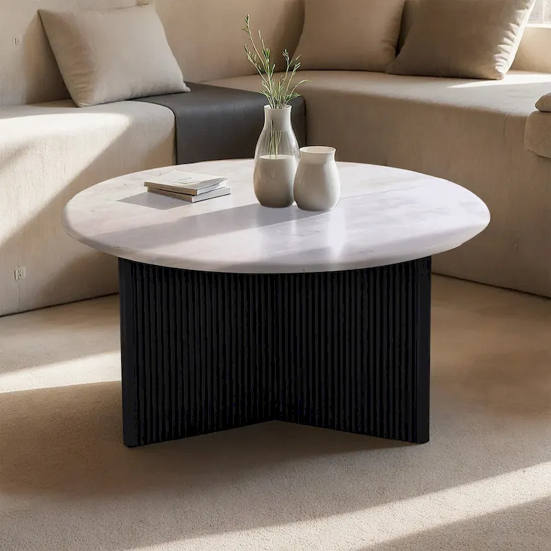 White Marble Top Pedestal Coffee Table, Black Wood Base, 1-Piece