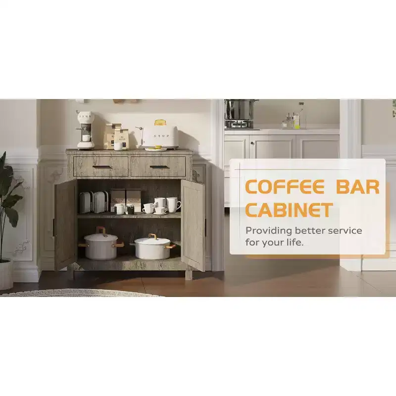 A modern farmhouse-style kitchen sideboard with two drawers and two doors for storage; it can also function as a freestanding coffee bar.