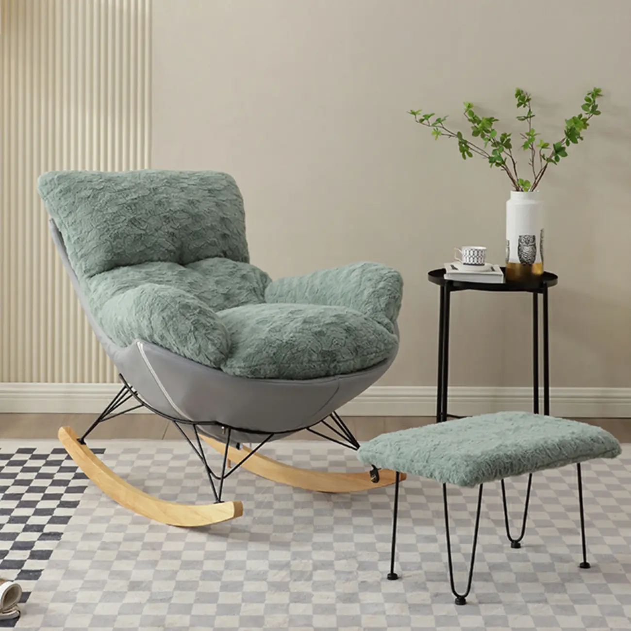 Modern Armless Upholstered Rocking Chair with Ottoman