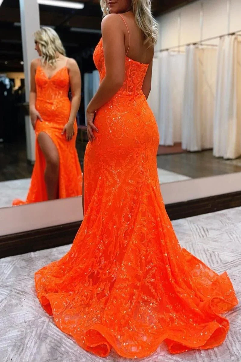 Mermaid Spaghetti Straps Sequined Lace Prom Dress