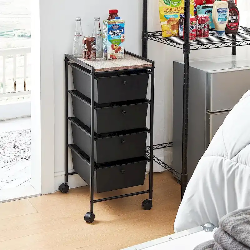 4 Drawer Storage Cart with Wood Top Shelf