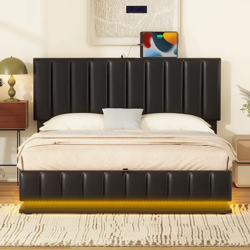Lift Up Storage Platform Bed Frame, PU Leather Upholstered Low Profile Bed with Remote Control LED Lights, Sockets, USB Ports