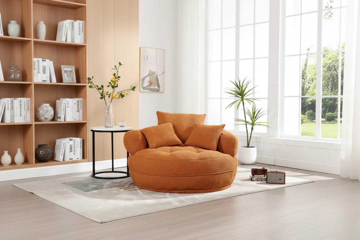 Oversized Round Fabric Lounge Chair with Curved Back