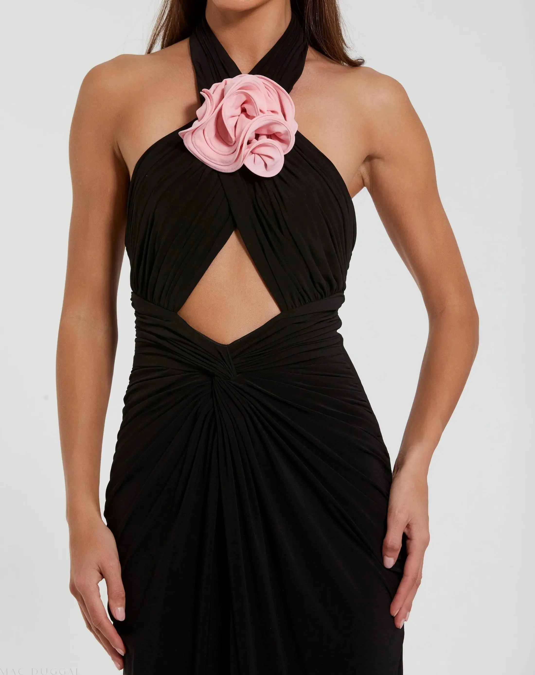 Black Jersey Crossover Halter Neck Gown With 3D Flower