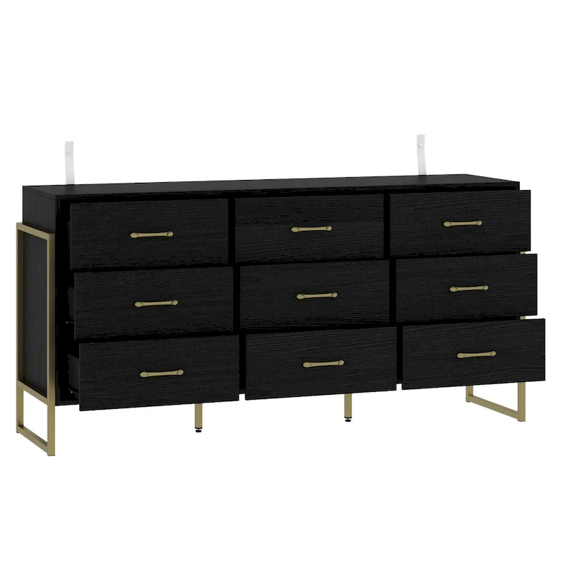 Versatile 9-Drawer Dresser - Sleek Black & Gold, Premium Quality Chest